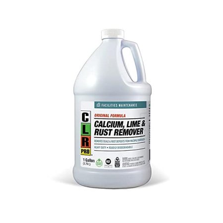  A bottle of CLR Pro Calcium, Lime, and Rust Remover on a white background.