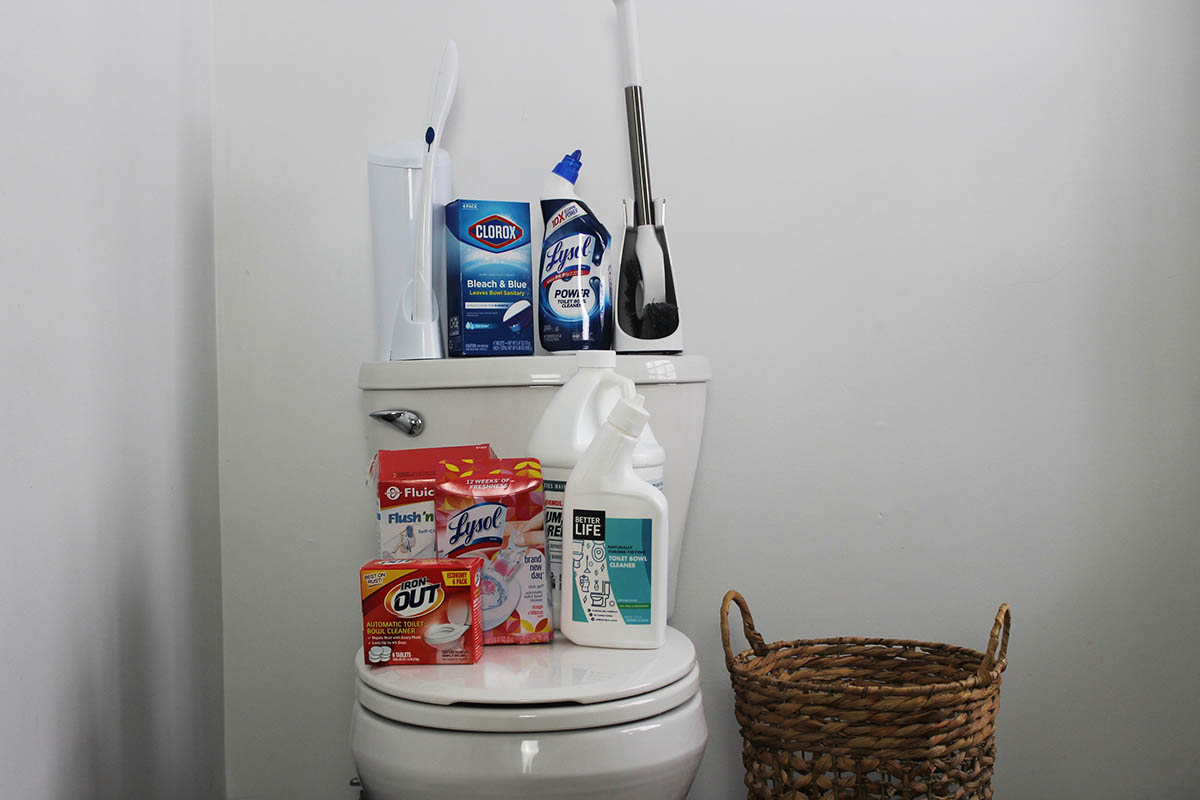 A group of the best toilet bowl cleaner options placed on a toilet.