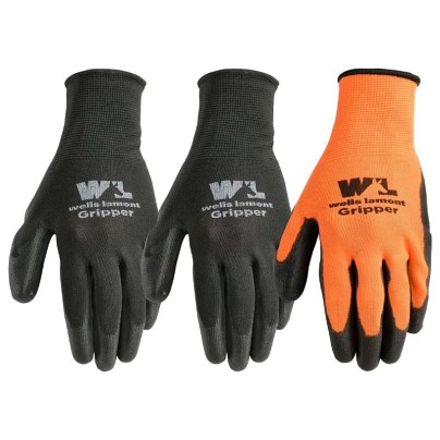 Three individual Wells Lamont PU-Coated Gripper Gloves on a white background.