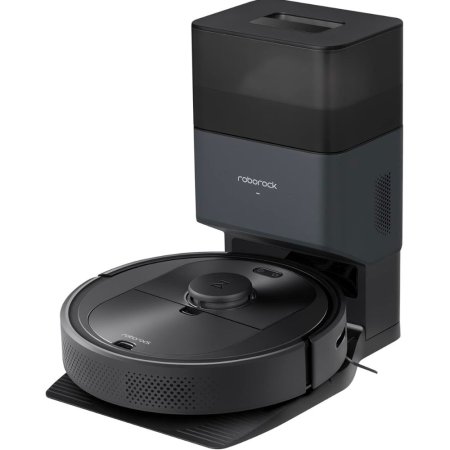  The Roborock Q5+ Robot Vacuum With Auto-Empty Dock on a white background.