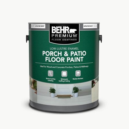  Can of BEHR Premium Low-Lustre Enamel Porch Paint on a white background