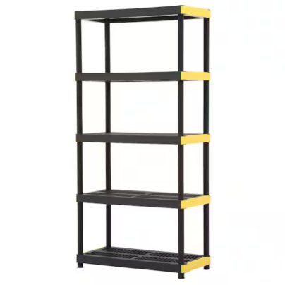 Black and yellow HDX 5-Tier Plastic Garage Storage Shelving Unit on white background