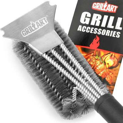 The Grillart Stainless Steel 3-in-1 Grill Brush and its packaging on a white background.