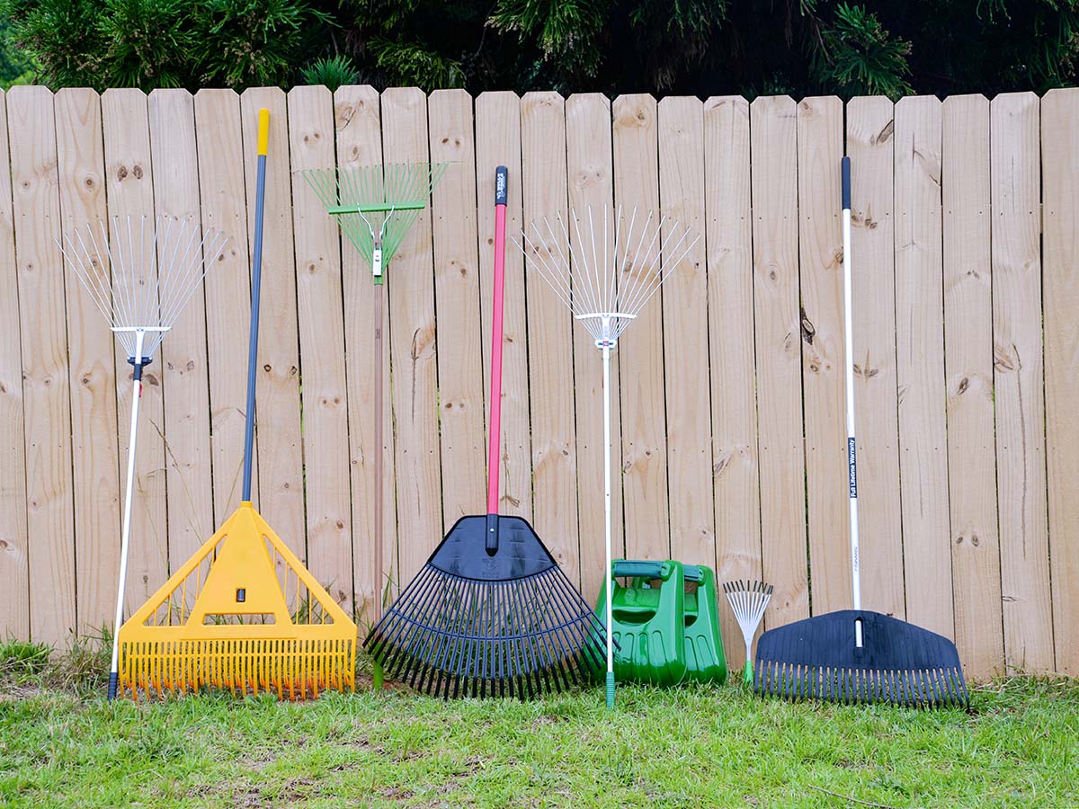 A group of the best leaf rakes options propped against a fence