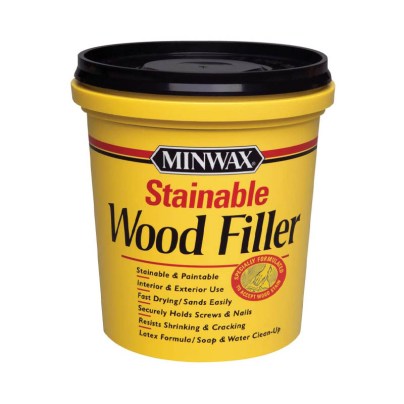 A yellow bucket of Minwax Stainable Wood Filler on a white background.