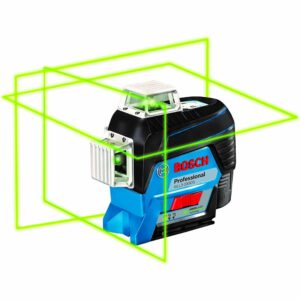 The Bosch GLL3-330CG 360° Green-Beam Three-Plane Laser with a series of green laser lines around it.