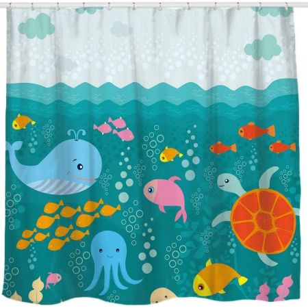 Sunlit Cartoon Sea Creatures Fabric Shower Curtain