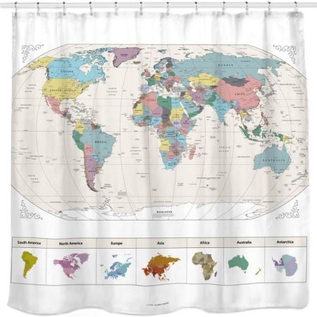 Sunlit Map of the World Fabric Shower Curtain