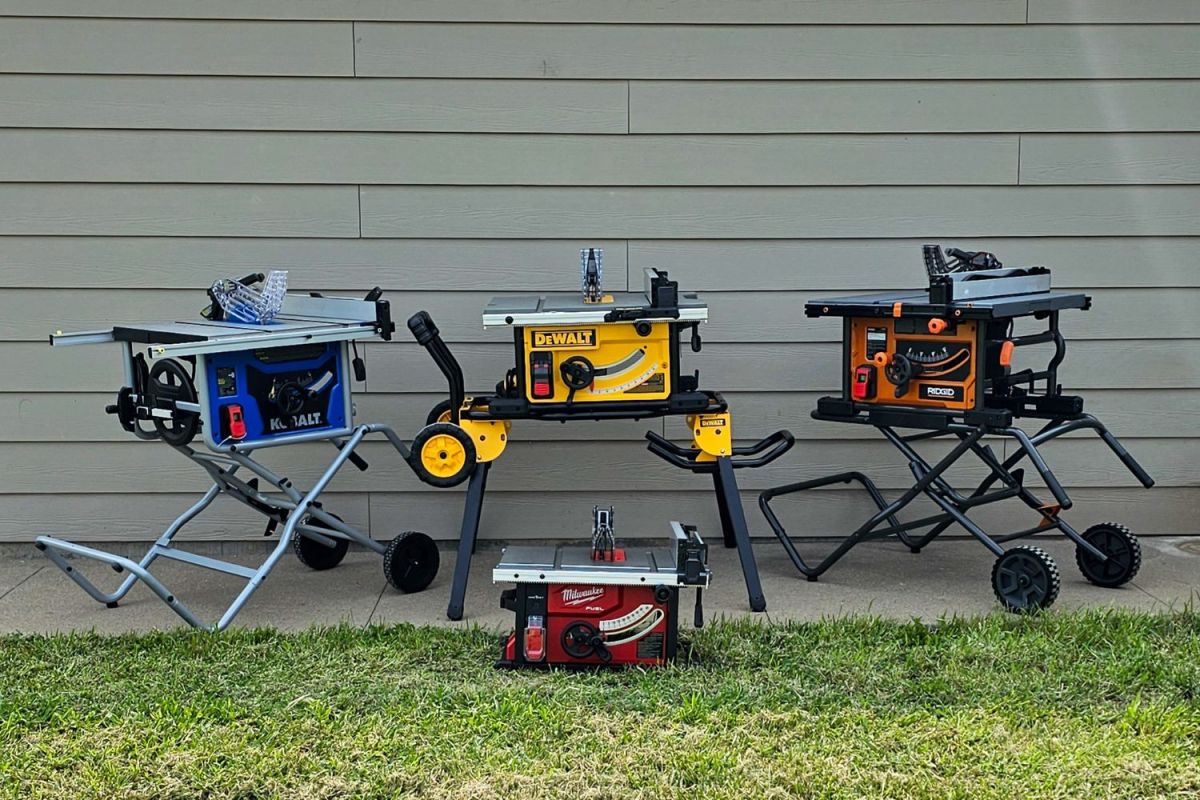 A group of the best table saw options together next to the side of a house