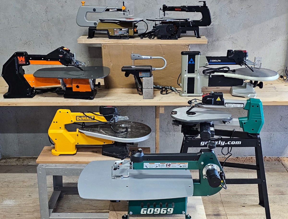 A group of the best scroll saws in a workshop together before testing.