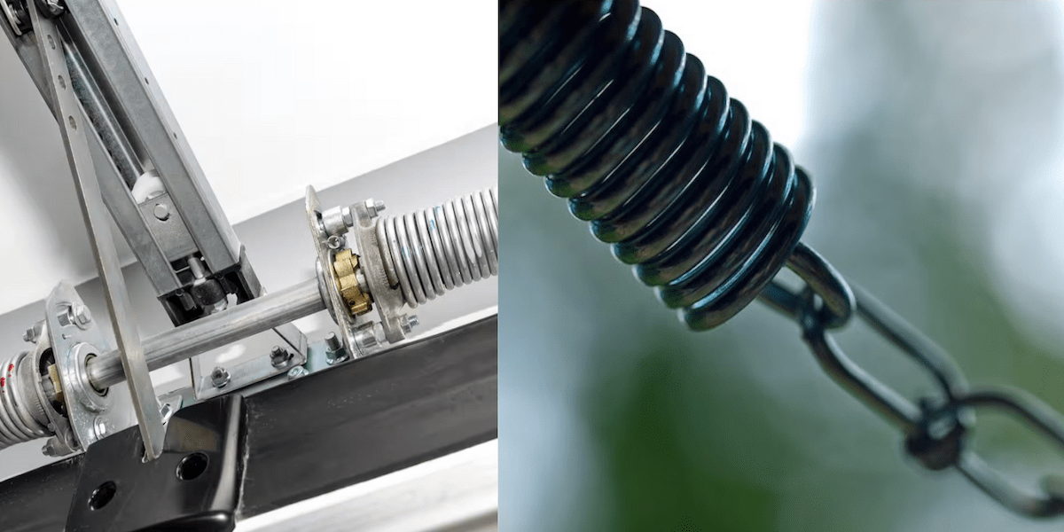 A torsion spring on a garage door (left) and an extension spring on a garage door (right) are different door opening methods for door function.