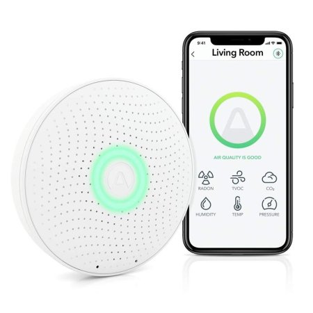  Airthings 2930 Wave Plus Radon & Air Quality Monitor next to a smartphone on a white background