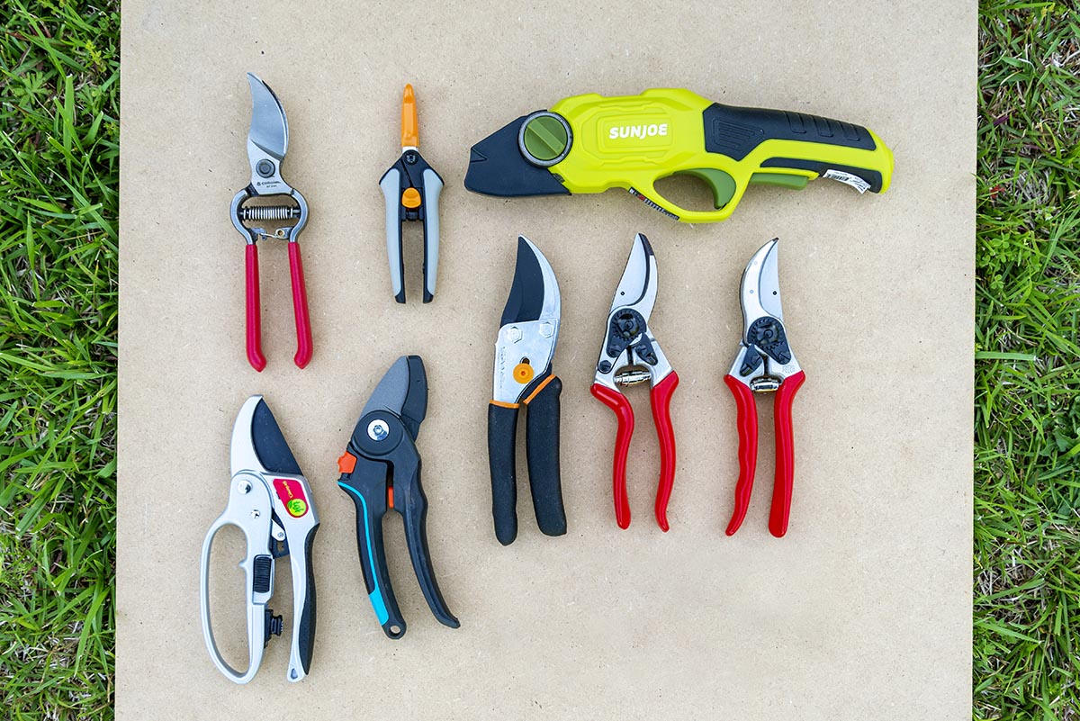 8 different pairs of pruning shears lined up on a concrete slab