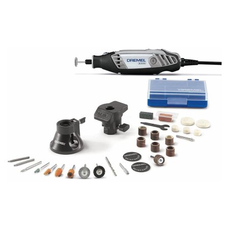  The Dremel 3000-2/28 Variable-Speed Tool Kit and its accessories on a white background.