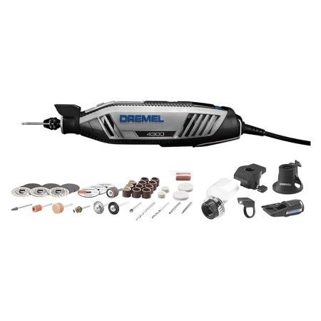  The Dremel 4300-5/40 Rotary Tool Kit and its accessories on a white background.