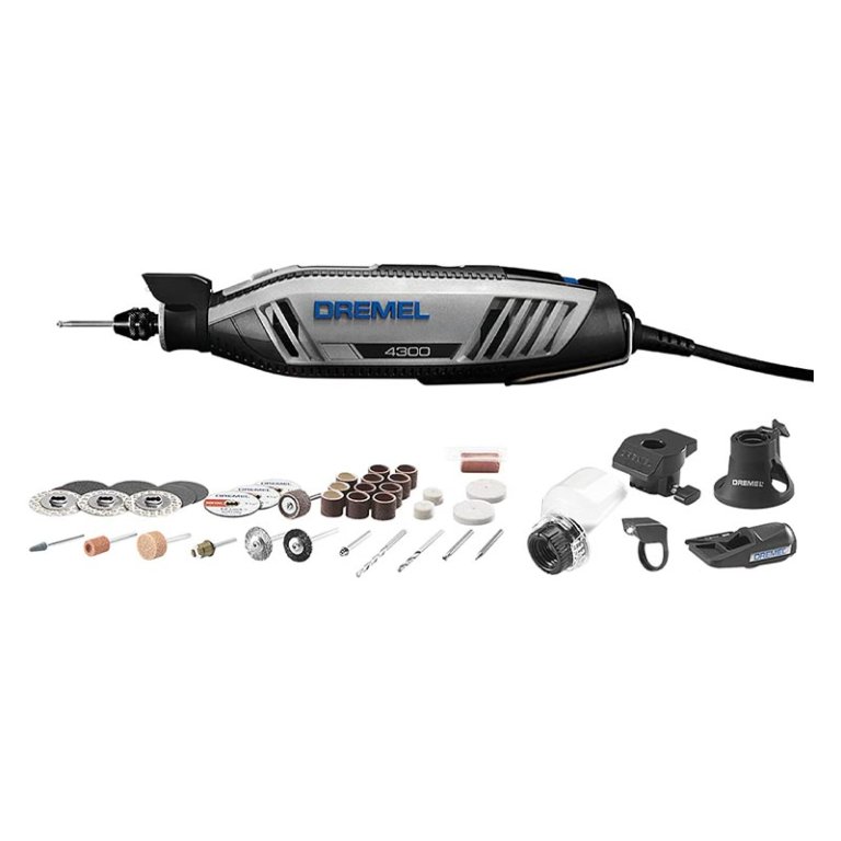  The Dremel 4300-5/40 Rotary Tool Kit and its accessories on a white background.
