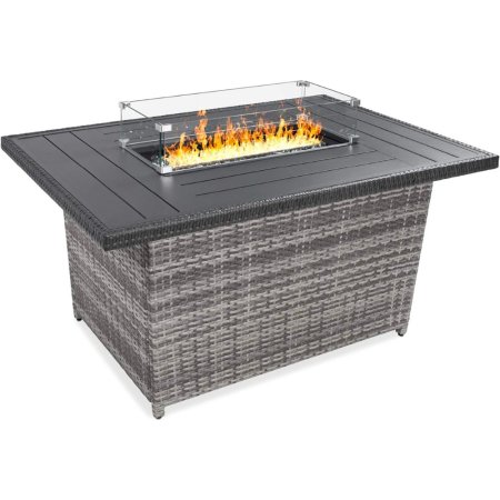  The Best Choice Products Wicker Propane Fire Pit Table with a fire burning in it on a white background.
