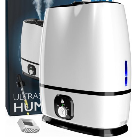  The Everlasting Comfort Air Humidifier for Bedroom, its box, and its remote on a white background.
