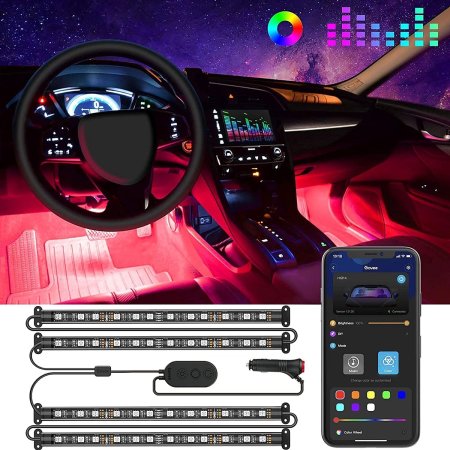  The Govee RGB Smart Car LED Strip Lights installed in a car and glowing red next to another set of lights on a white background with a phone showing the Govee app.