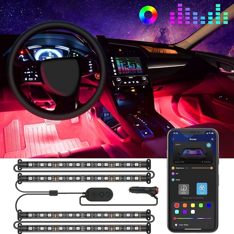  The Govee RGB Smart Car LED Strip Lights installed in a car and glowing red next to another set of lights on a white background with a phone showing the Govee app.