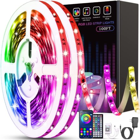  The Tenmiro RGB 100-Foot Color-Changing LED Strip Lights next to their box, remote, plug, and a phone showing the Tenmiro app.