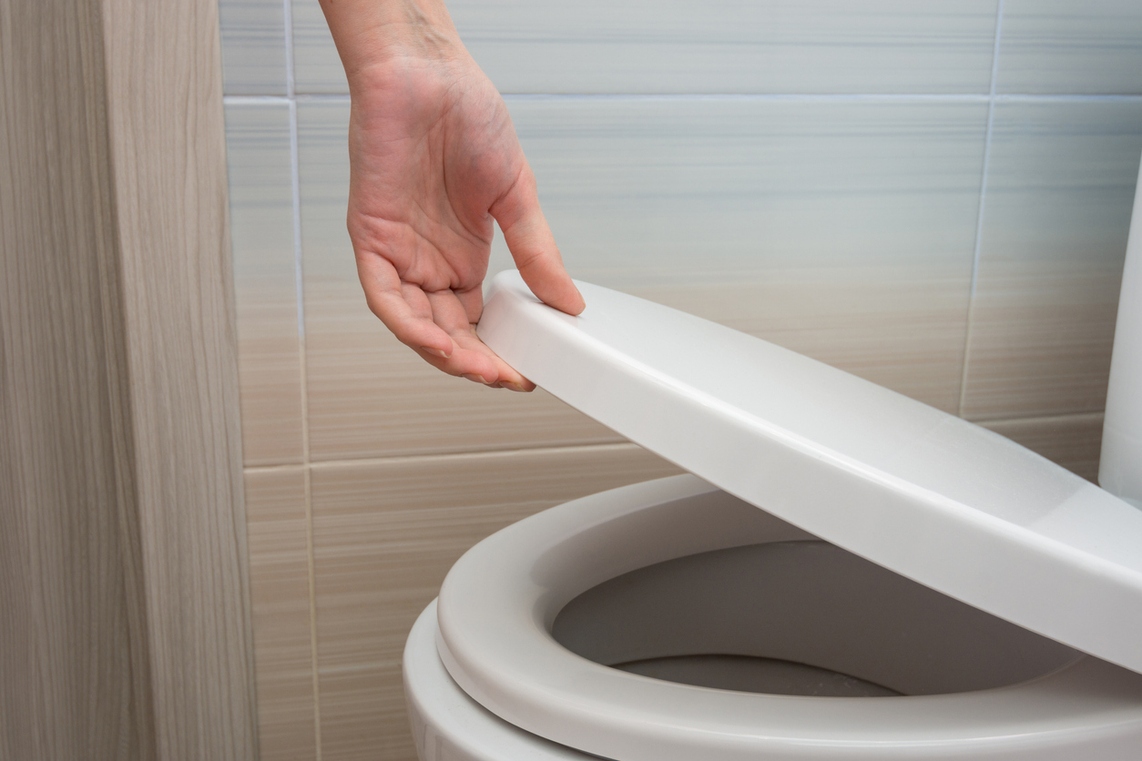 A person lifting a toilet seat