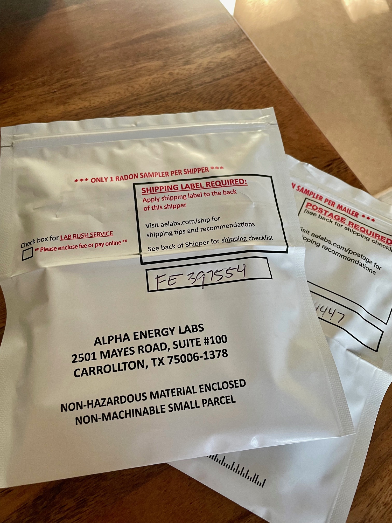 Charcoal radon test kits before mailing