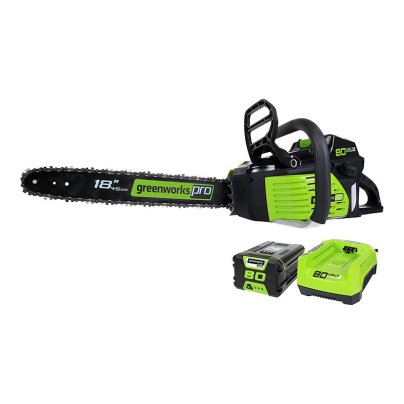 Greenworks Pro GCS80421 80V 18-Inch Cordless Chainsaw with battery and charger on a white background