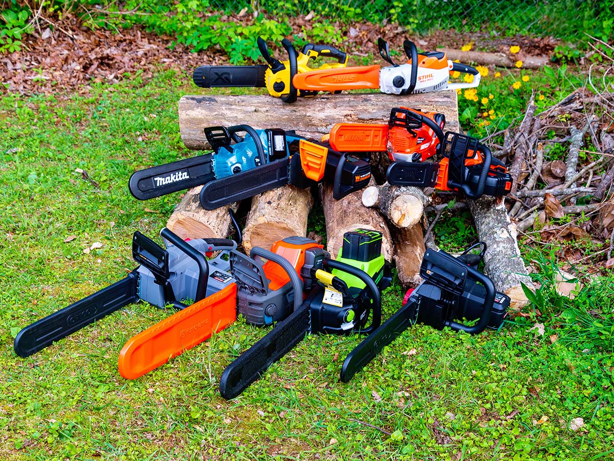 10 of the Best Electric chainsaws on grass near chopped wood