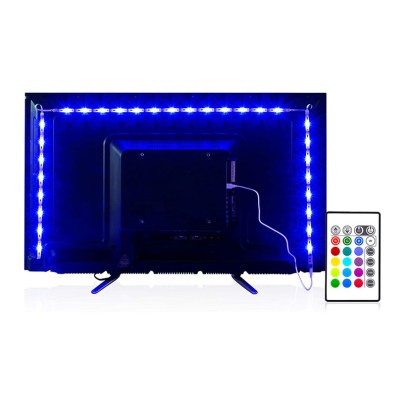 The Pangton Villa 6.56-Foot LED Strip Lights for TV installed on a TV and glowing blue with the remote nearby.