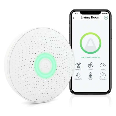 Airthings Wave Plus Radon and Air Quality Monitor on a white background