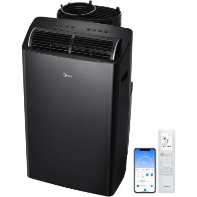 Midea Duo Portable Air Conditioner and a smartphone on a white background