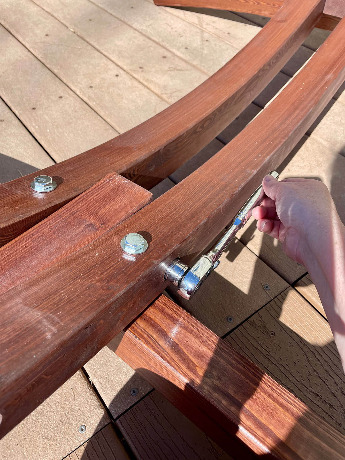 Vivere wooden hammock stand during assembly