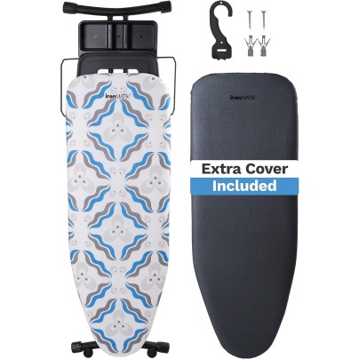 The Ironmatik Space Maker Premium Ironing Board, an extra cover, and a hook and included screw set on a white background.