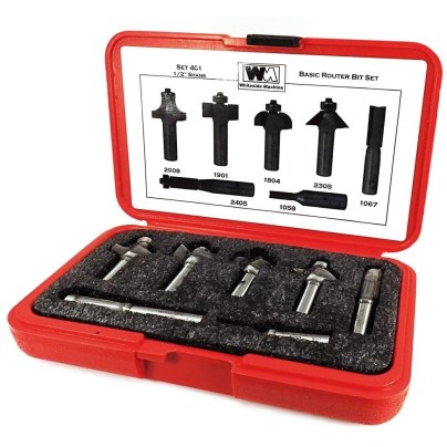 The Whiteside Basic Router Bit Set in its case with the lid open on a white background.