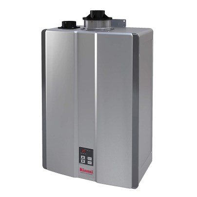 The Rinnai RU199iN High-Efficiency Tankless Water Heater on a white background.