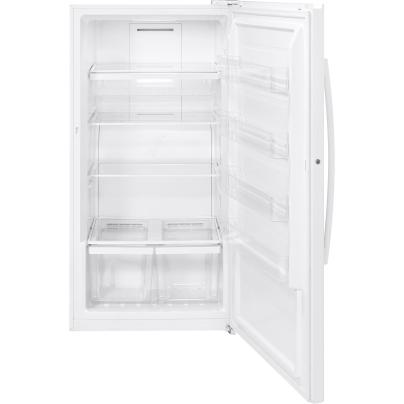 The GE 17.3 cu. ft. Frost-Free Upright Freezer with its door open on a white background.