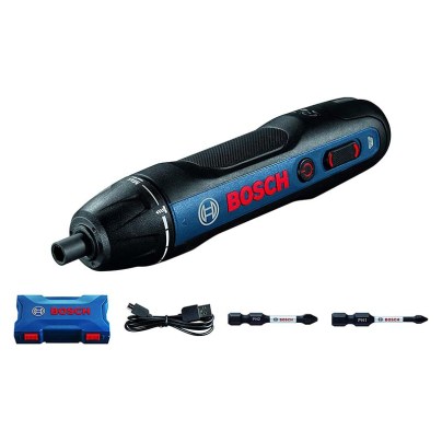 The Bosch GO Professional Cordless Electric Screwdriver and its accessories on a white background.