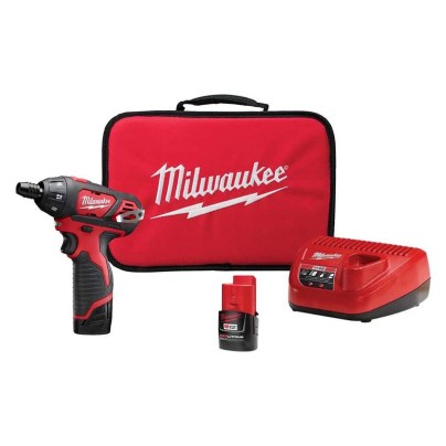 The Milwaukee M12 ¼-Inch Hex Electric Screwdriver Kit and its accessories on a white background.