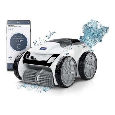 Polaris VRX iQ+ Smart Robotic Pool Cleaner next to a smartphone on a white background