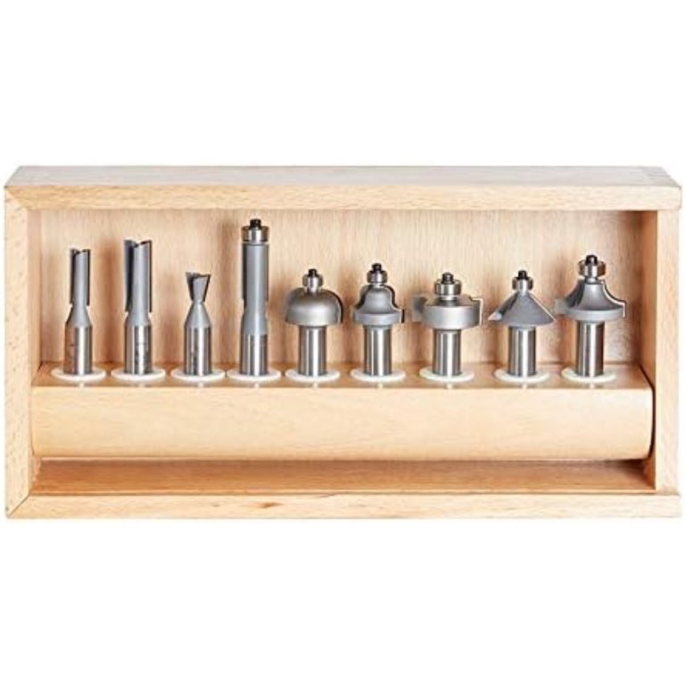  Amana Tool AMS-211 9-Piece Carbide-Tipped Router Set in wood holder on white background