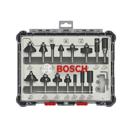  Bosch 15-Piece Mixed Router Bit Set in gray case on white background