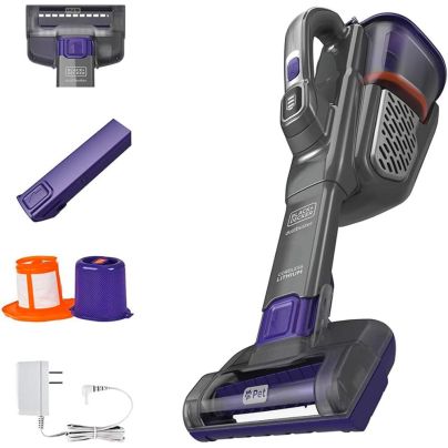 Gray and purple Black and Decker handheld vacuum with accessories on white background