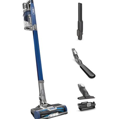 Shark Pet Plus cordless stick vacuum with three accessories on white background