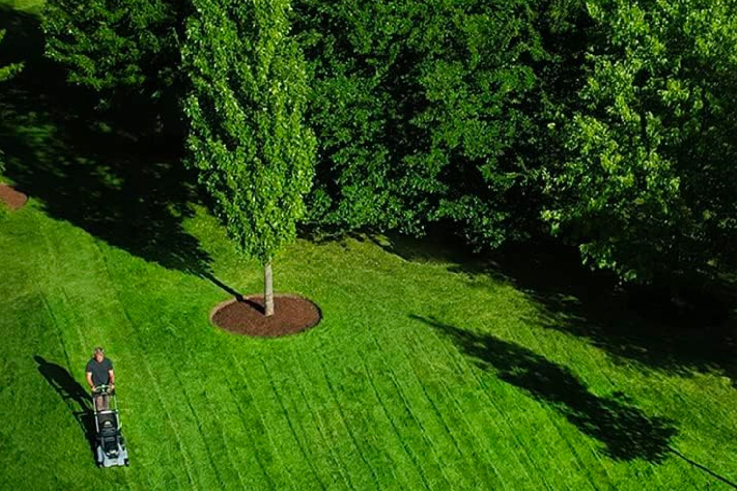 A distant overhead shot of a large lawn being mowed by the best self-propelled lawn mower option