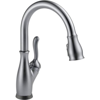 The Delta Leland Single-Handle Touch2O Kitchen Faucet on a white background.