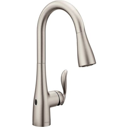 The Moen Arbor Motionsense Wave One-Handle Kitchen Faucet on a white background.