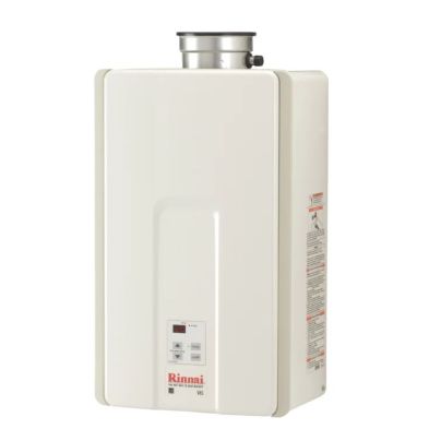 The Rinnai V65iN High-Efficiency Tankless Water Heater on a white background.