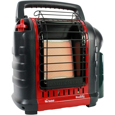 Red and black portable propane heater on white background