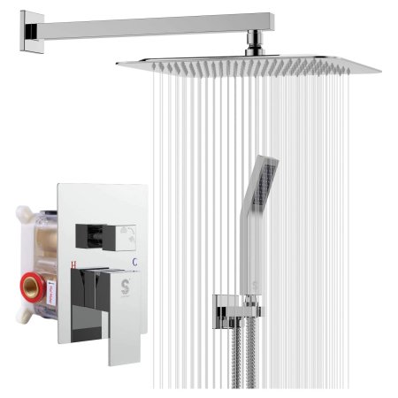  SR Sun Rise Polished Chrome Shower System spraying water on a white background